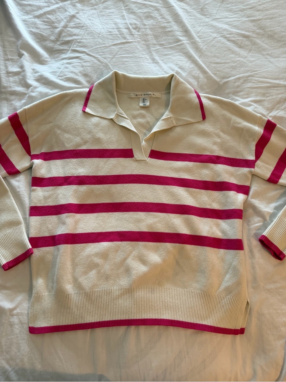 Max Studio Cream Sweater with Pink Stripes - Women's V-Neck Polo